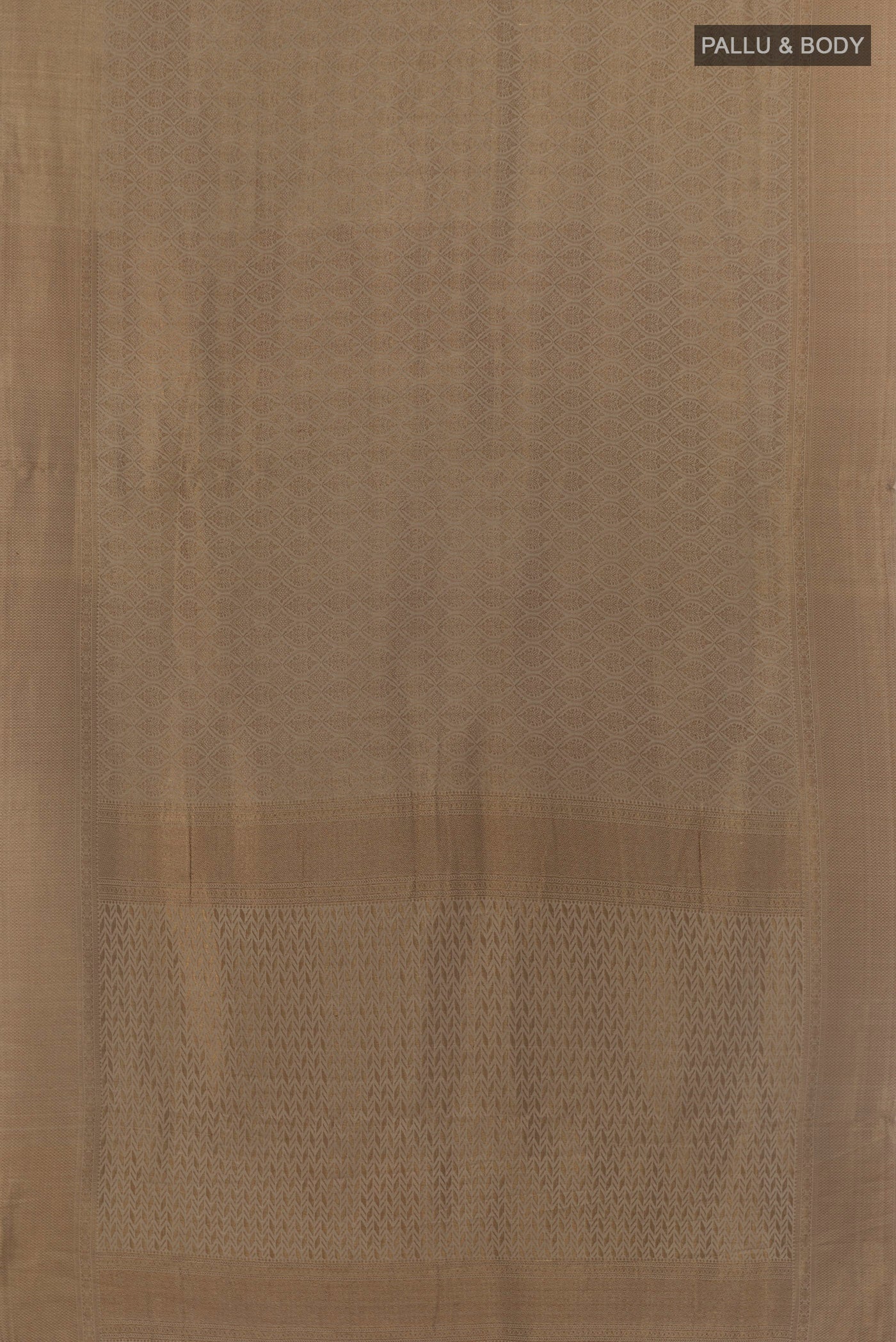 Flat view of Grey Mysore Crepe Saree with Zari Brocade on the body and Zari Border. 