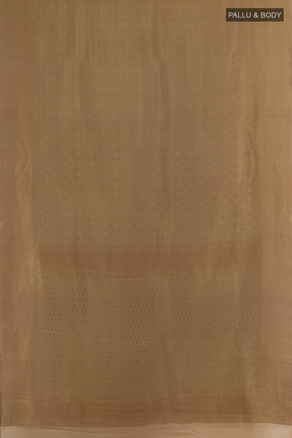 Flat view of Dark Beige Mysore Crepe Saree with Zari Brocade on the body and Zari Border. 