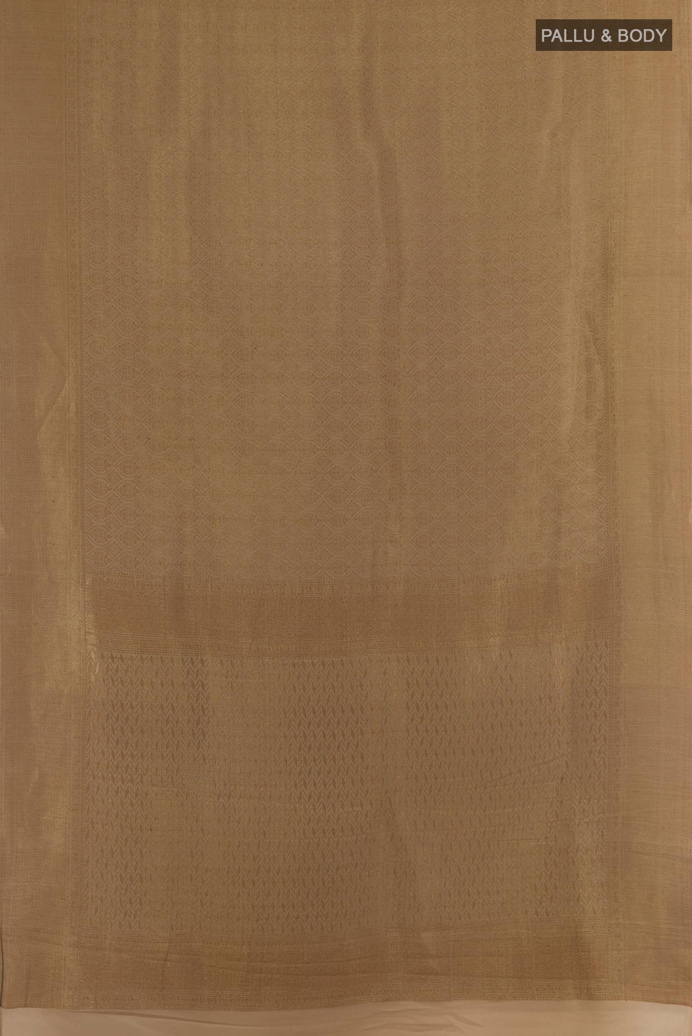 Flat view of Dark Beige Mysore Crepe Saree with Zari Brocade on the body and Zari Border. 