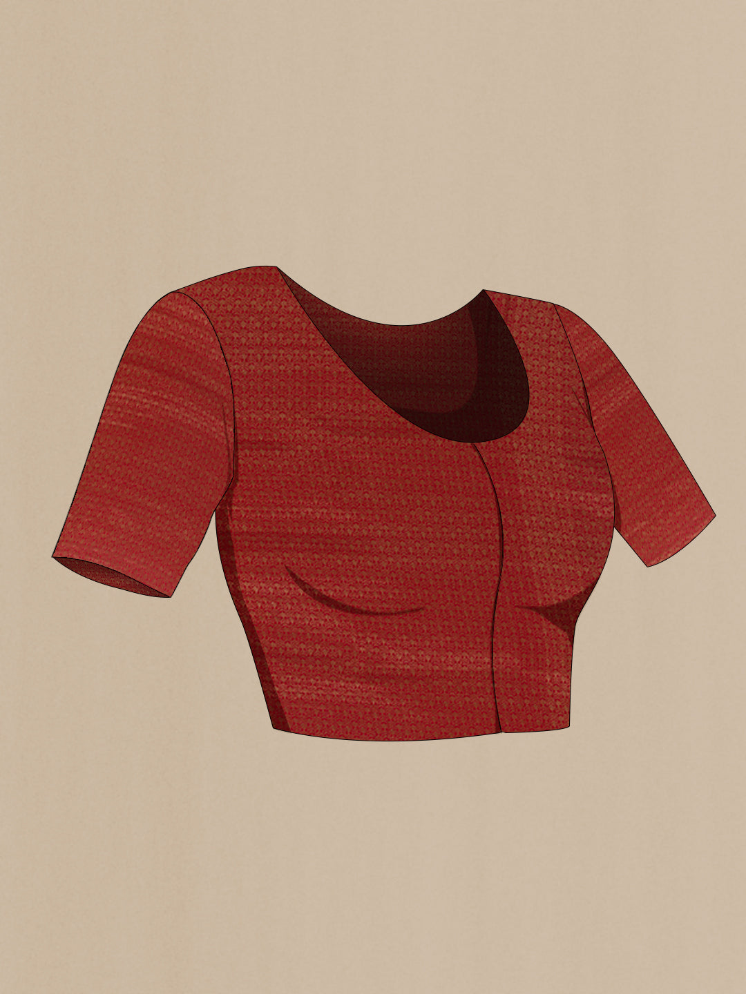 Close up image of the blouse of Red Mysore Crepe Saree with Zari Brocade on the body and Zari Border. 