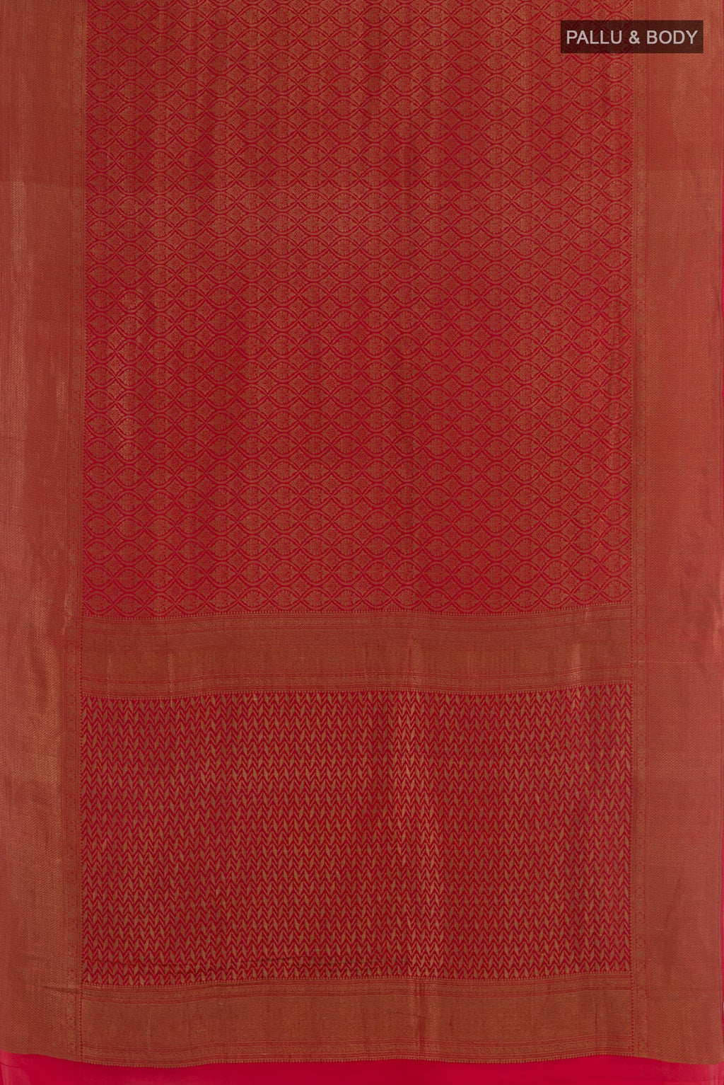 Flat view of Red Mysore Crepe Saree with Zari Brocade on the body and Zari Border. 
