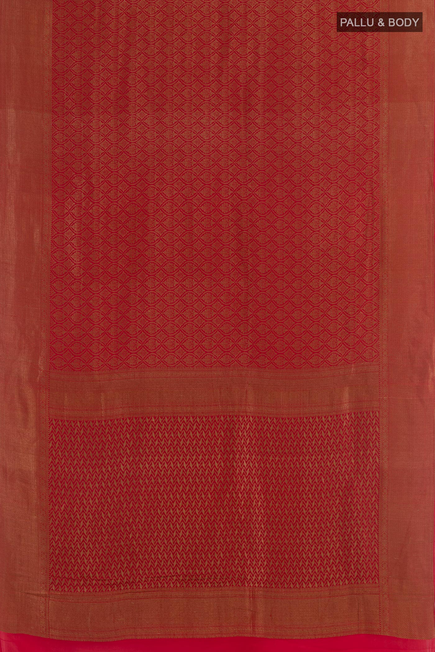 Flat view of Red Mysore Crepe Saree with Zari Brocade on the body and Zari Border. 