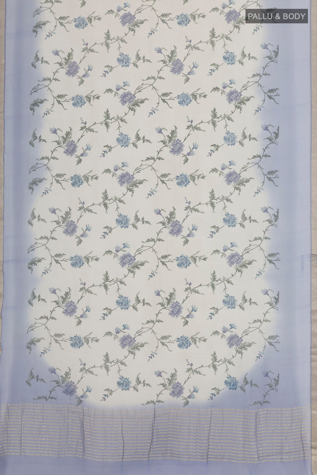 Flat view of Off White Mysore Chiffon Saree with Embroidery on the body and Zari Border. 