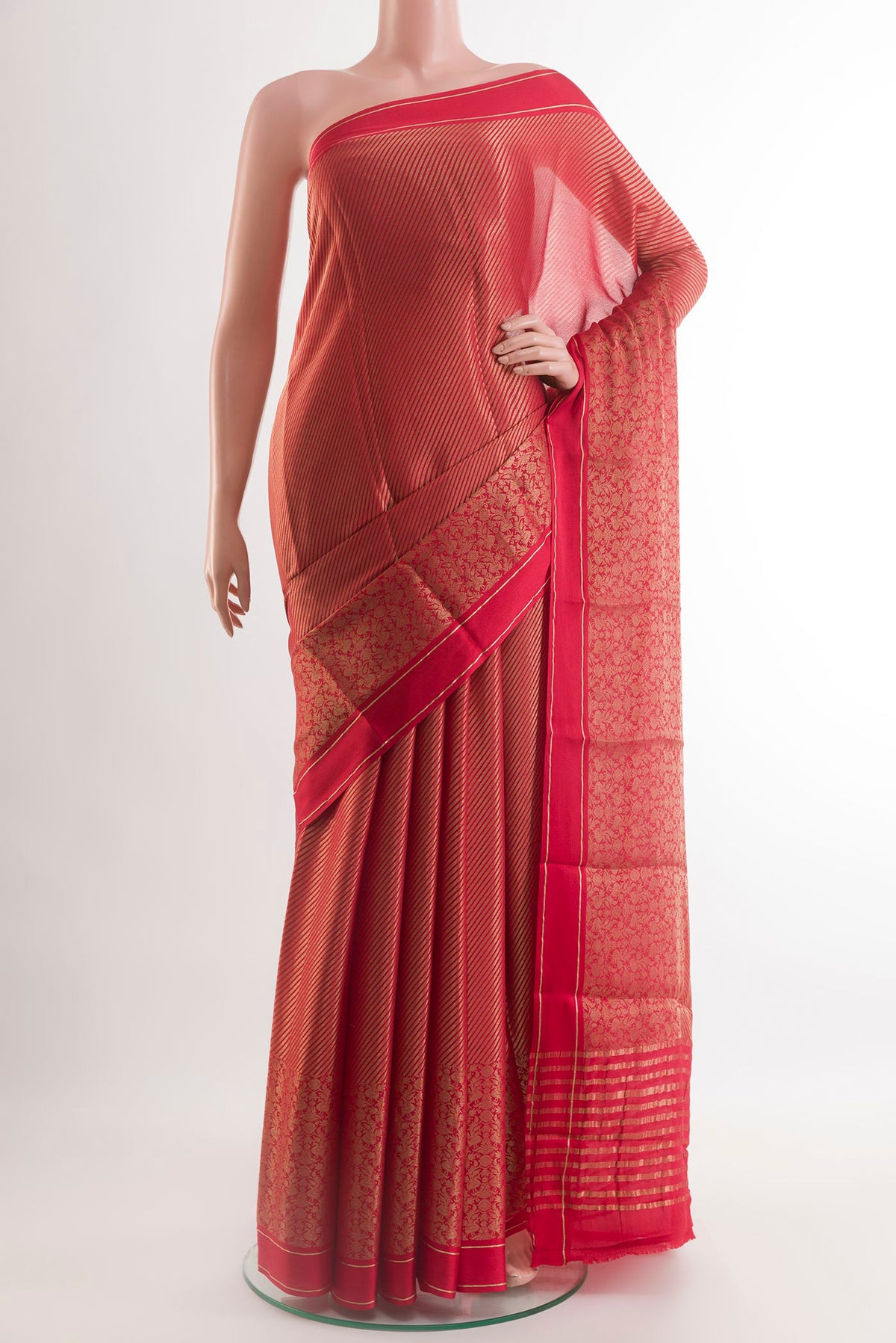 Pink Mysore Crepe Saree with Zari Brocade on the body and Zari Border.  displayed on a mannequin