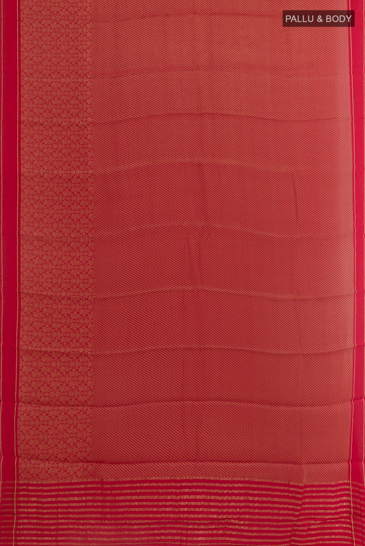 Flat view of Pink Mysore Crepe Saree with Zari Brocade on the body and Zari Border. 