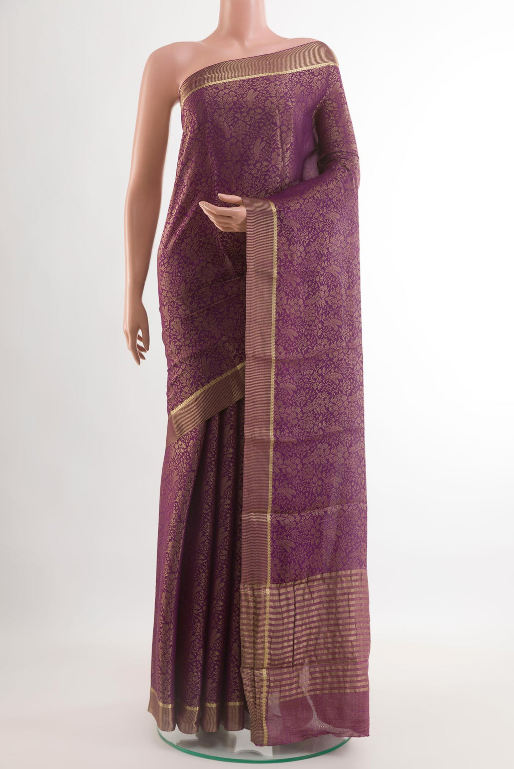 Purple Mysore Crepe Saree with Zari Brocade on the body and Zari Border.  displayed on a mannequin