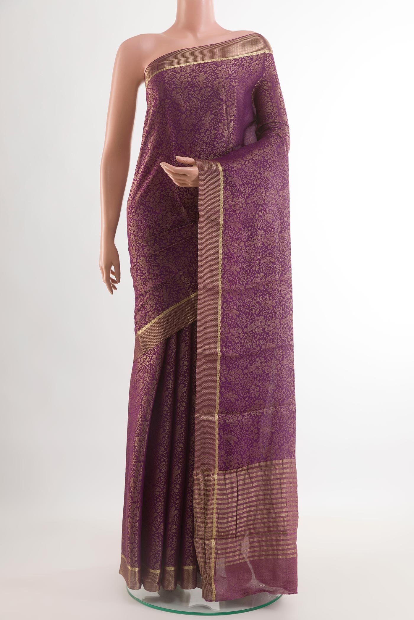 Purple Mysore Crepe Saree with Zari Brocade on the body and Zari Border.  displayed on a mannequin