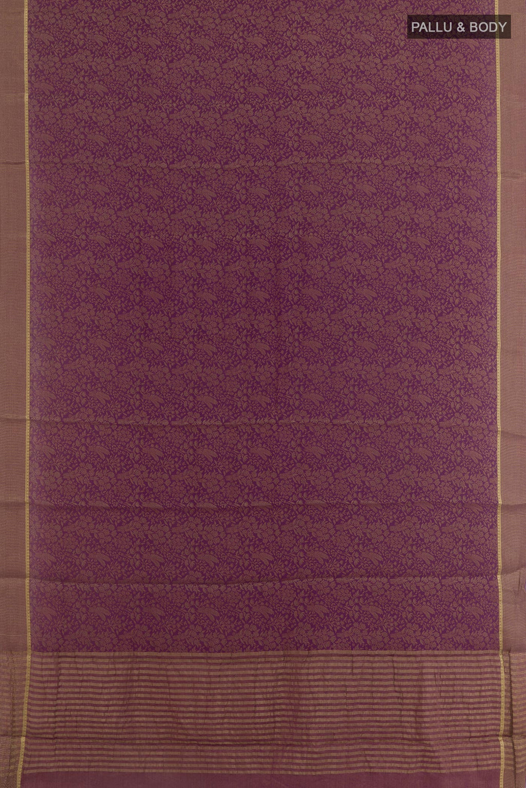 Flat view of Purple Mysore Crepe Saree with Zari Brocade on the body and Zari Border. 