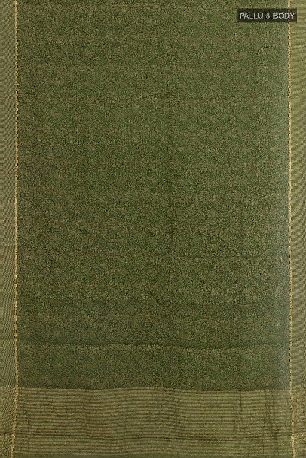Flat view of Mehandi Green Mysore Crepe Saree with Zari Brocade on the body and Zari Border. 