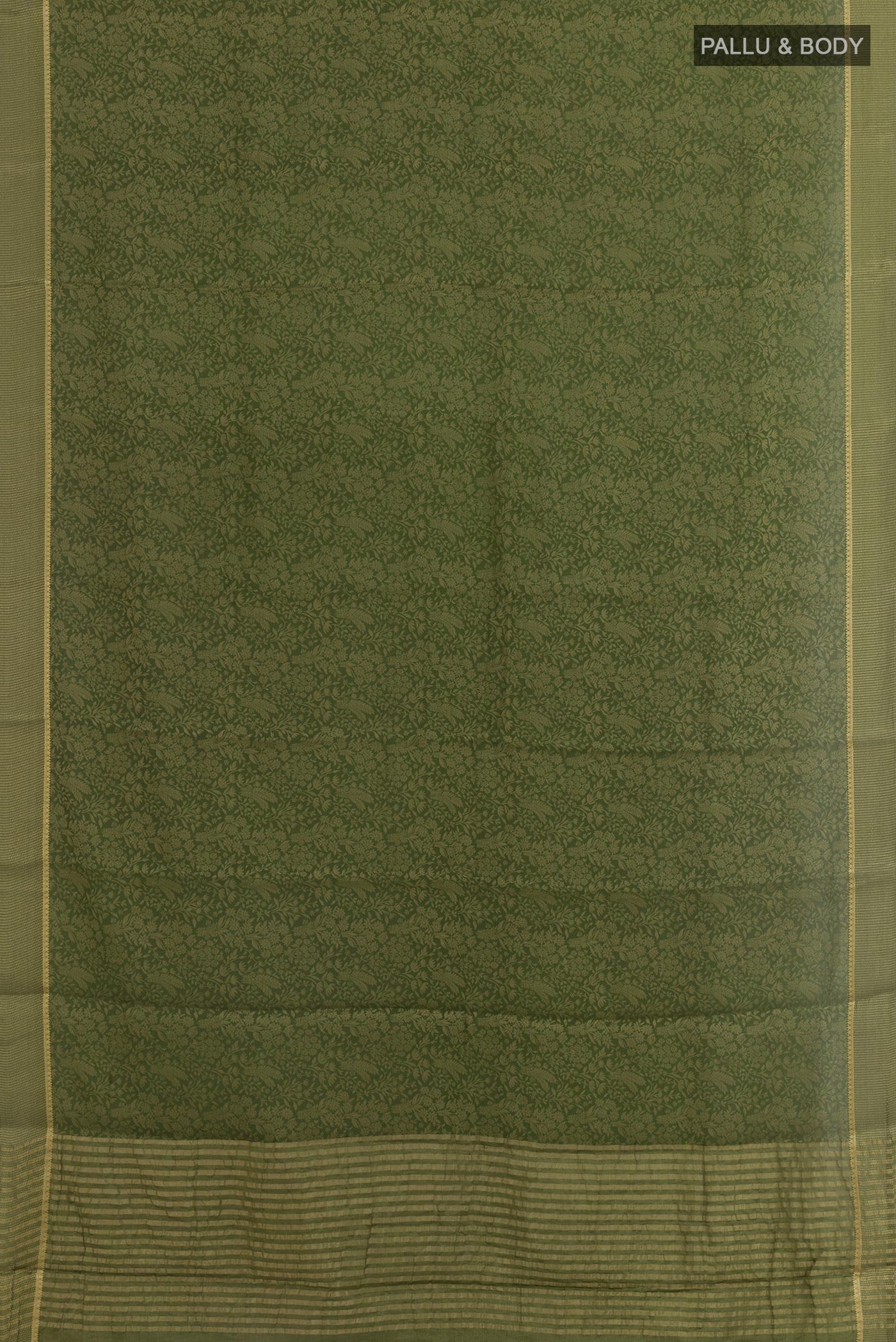 Flat view of Mehandi Green Mysore Crepe Saree with Zari Brocade on the body and Zari Border. 