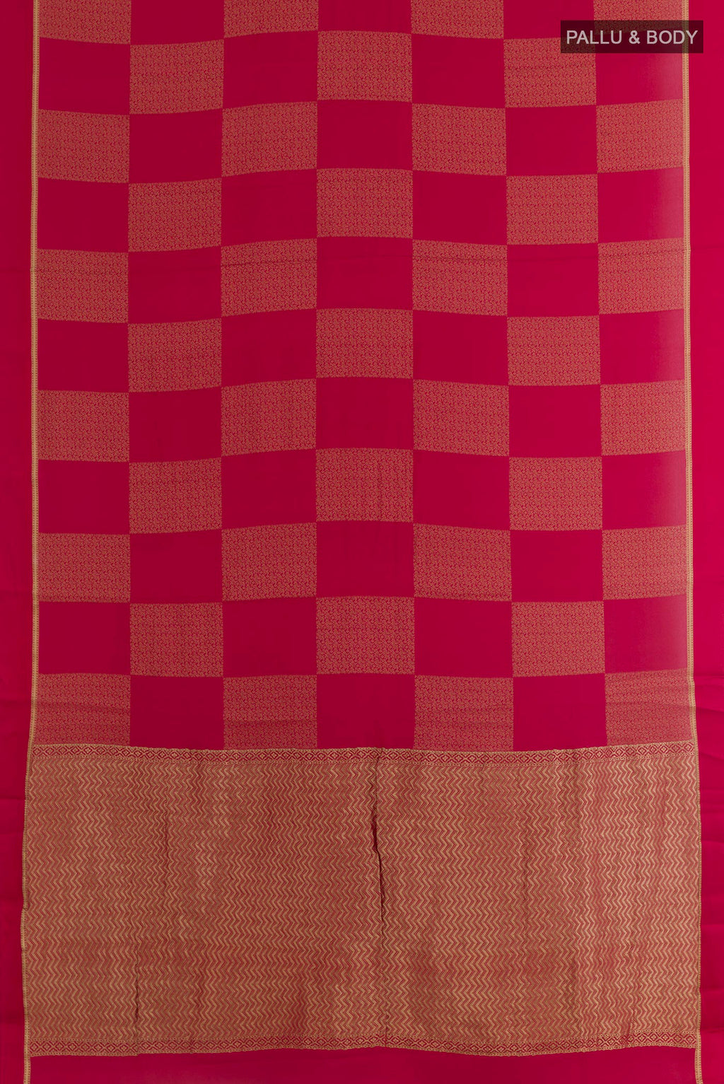 Flat view of Pink Mysore Crepe Saree with Zari Butta on the body and Zari Border. 