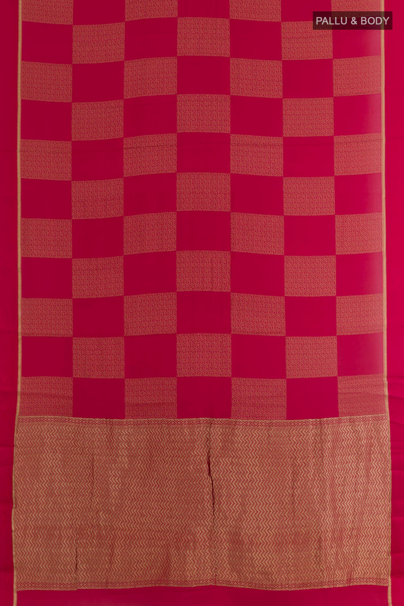 Flat view of Pink Mysore Crepe Saree with Zari Butta on the body and Zari Border. 