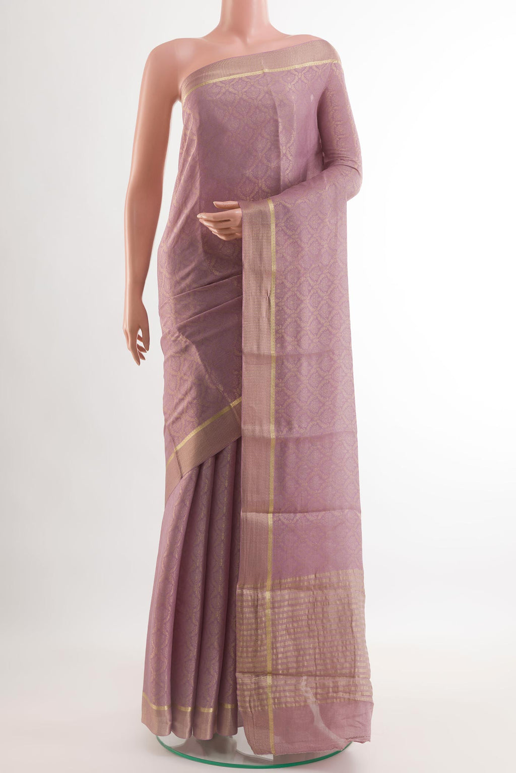 Lavender Mysore Crepe Saree with Zari Brocade on the body and Zari Border.  displayed on a mannequin