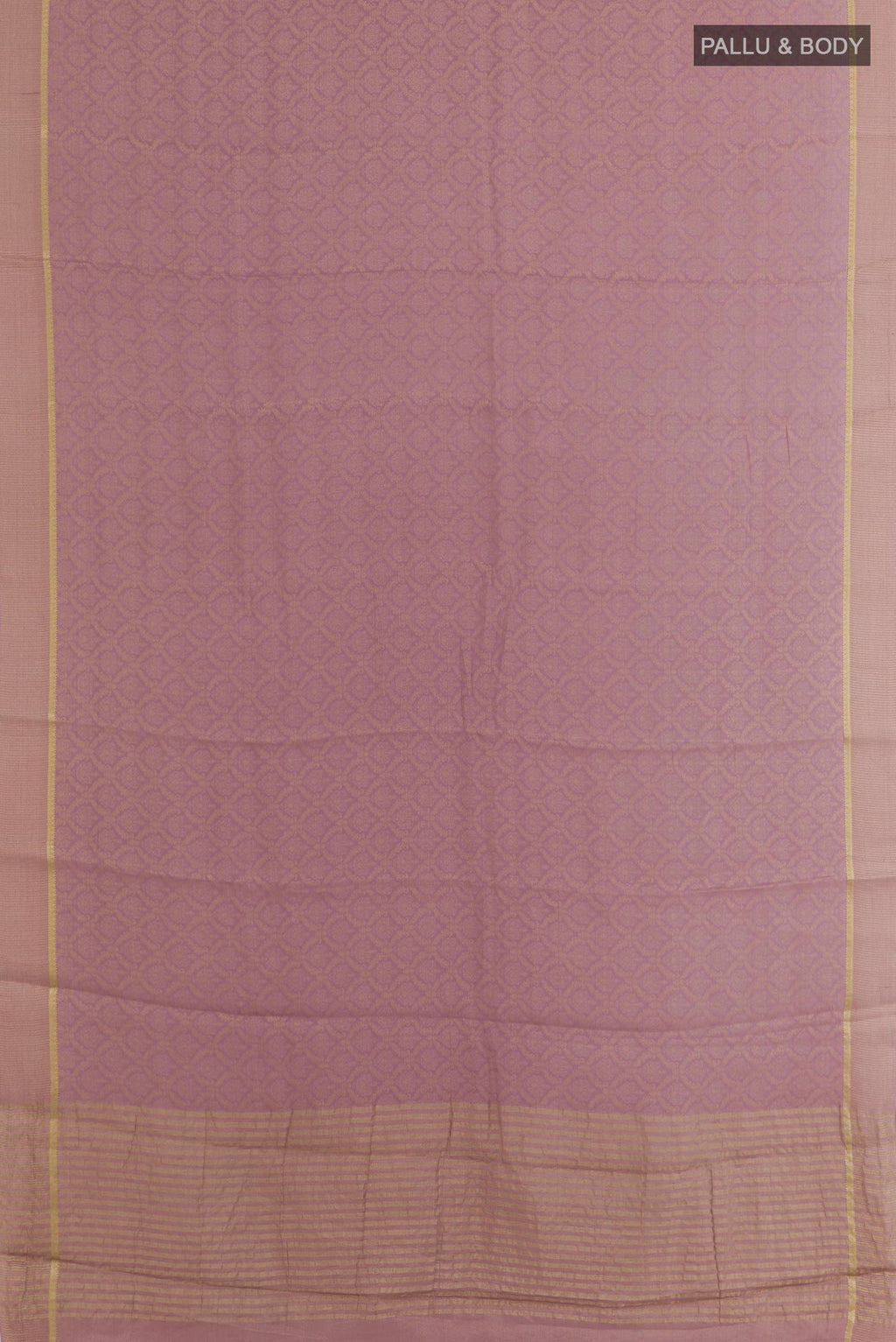 Flat view of Lavender Mysore Crepe Saree with Zari Brocade on the body and Zari Border. 