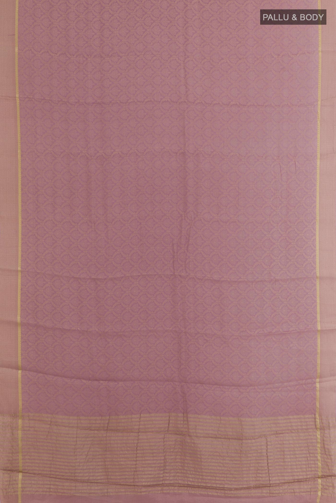 Flat view of Lavender Mysore Crepe Saree with Zari Brocade on the body and Zari Border. 