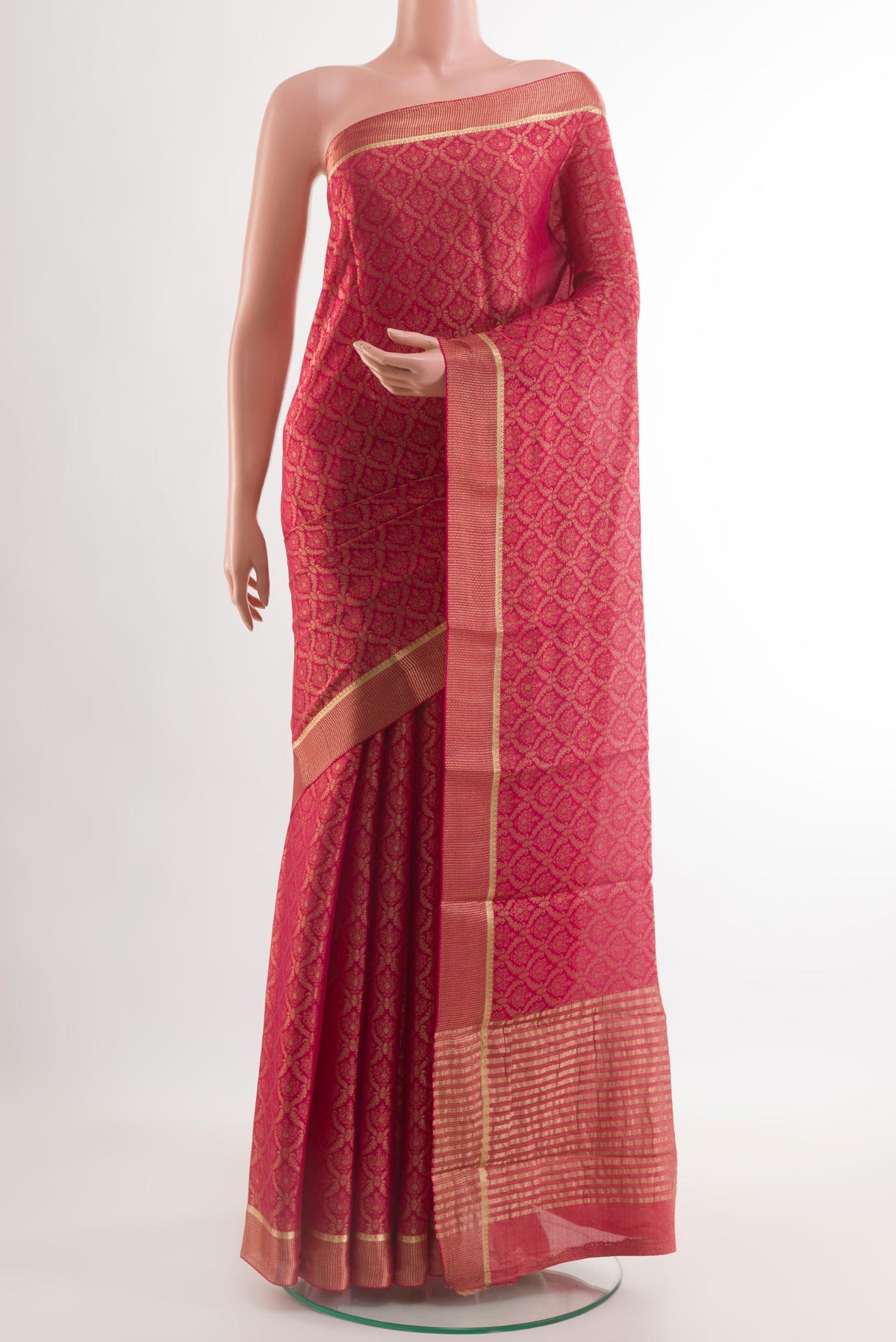 Pink Mysore Crepe Saree with Zari Brocade on the body and Zari Border.  displayed on a mannequin
