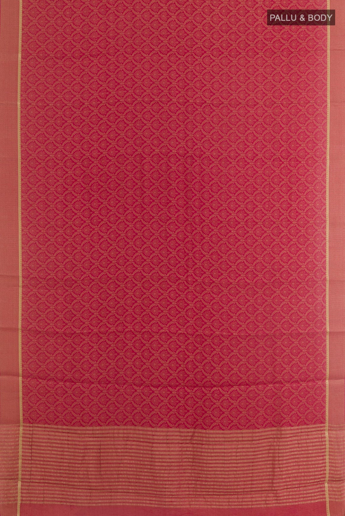 Flat view of Pink Mysore Crepe Saree with Zari Brocade on the body and Zari Border. 