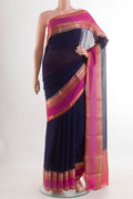 Dark Blue Mysore Chiffon Saree with Plain Body and Zari Border.  displayed on a mannequin