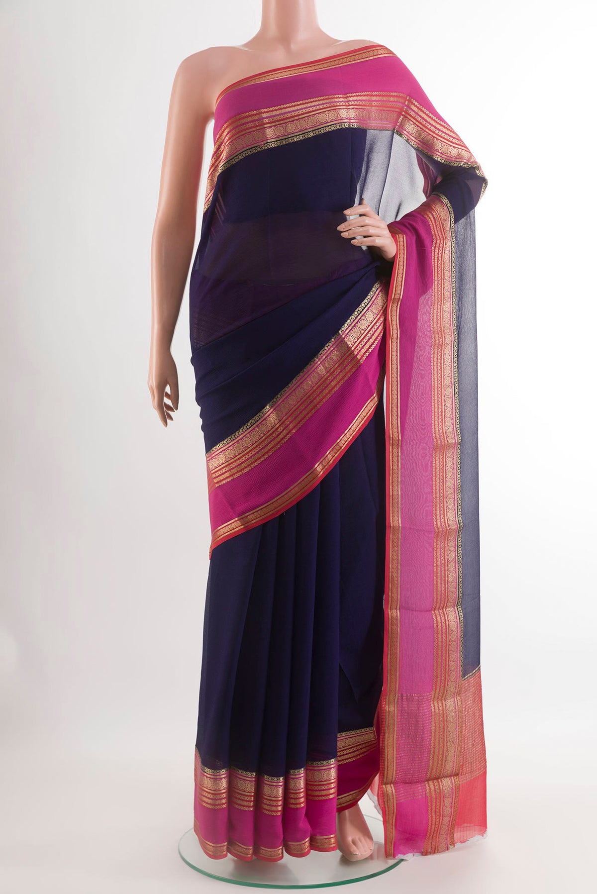 Dark Blue Mysore Chiffon Saree with Plain Body and Zari Border.  displayed on a mannequin