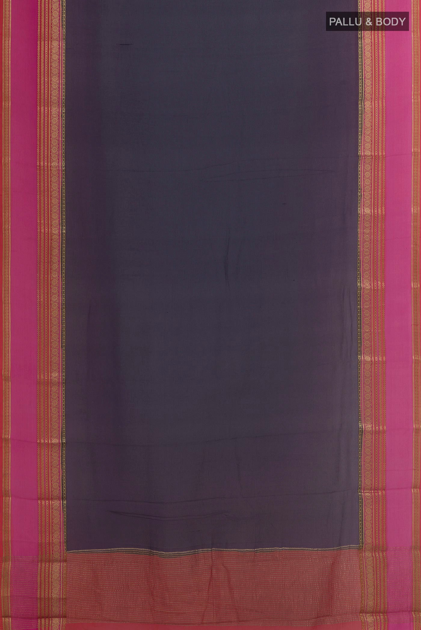 Flat view of Dark Blue Mysore Chiffon Saree with Plain Body and Zari Border. 