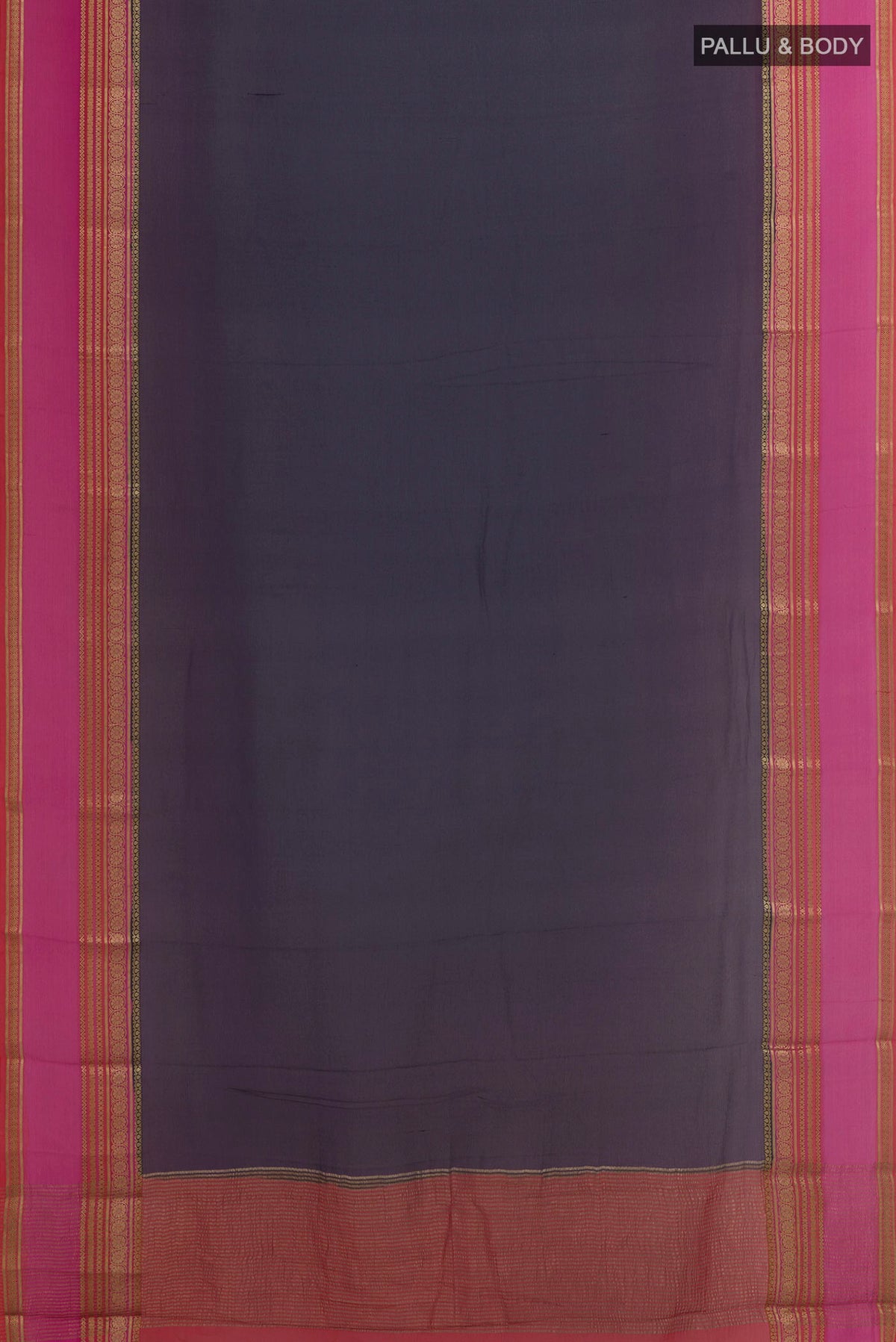Flat view of Dark Blue Mysore Chiffon Saree with Plain Body and Zari Border. 