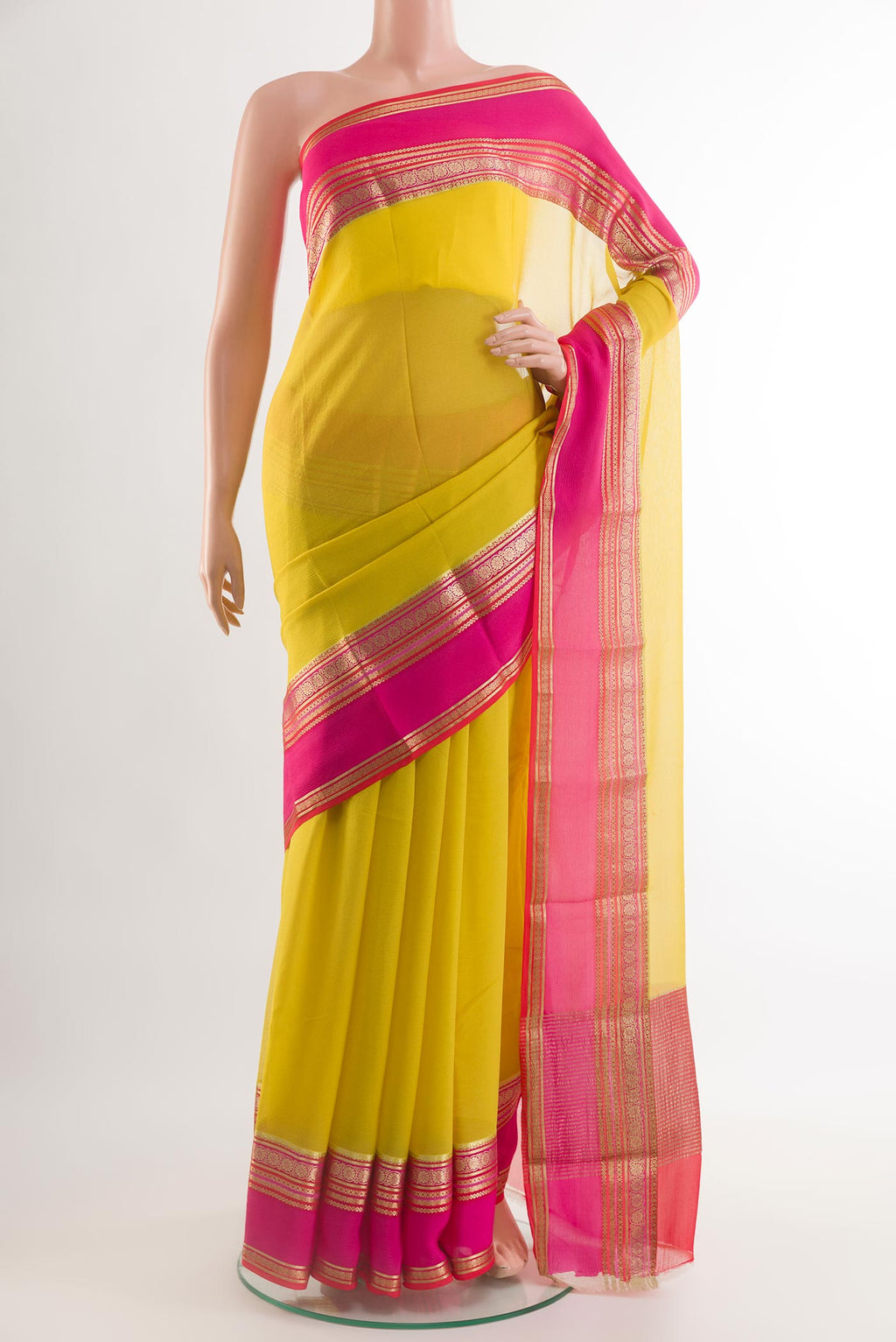 Lemon Yellow Chiffon Saree with Plain Body and Plain Border.  displayed on a mannequin