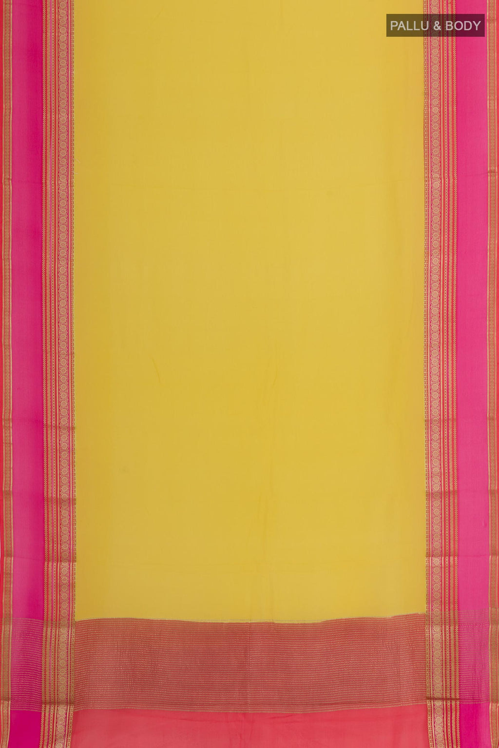 Flat view of Lemon Yellow Chiffon Saree with Plain Body and Plain Border. 