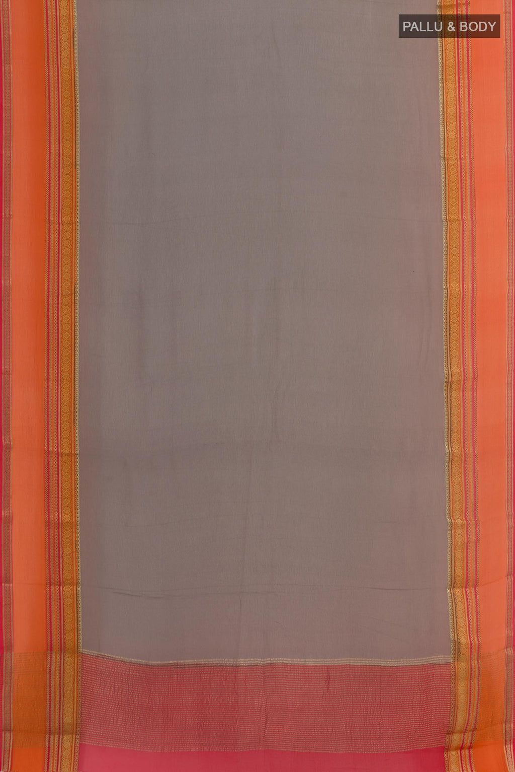 Flat view of Grey Chiffon Saree with Plain Body and Plain Border. 