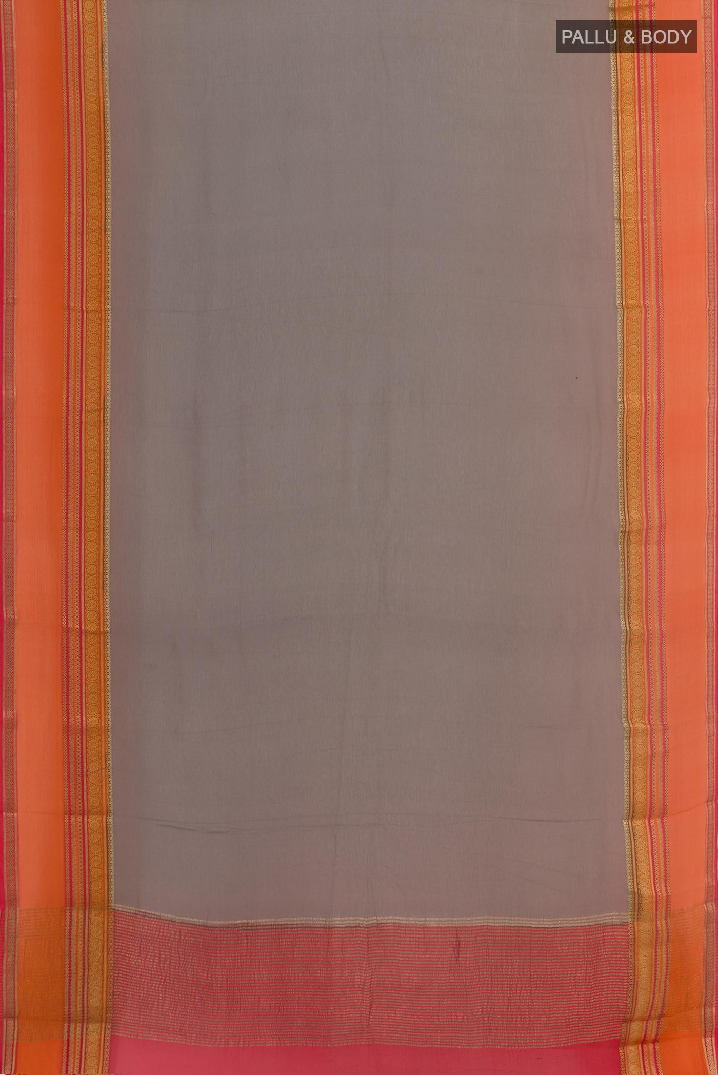 Flat view of Grey Chiffon Saree with Plain Body and Plain Border. 