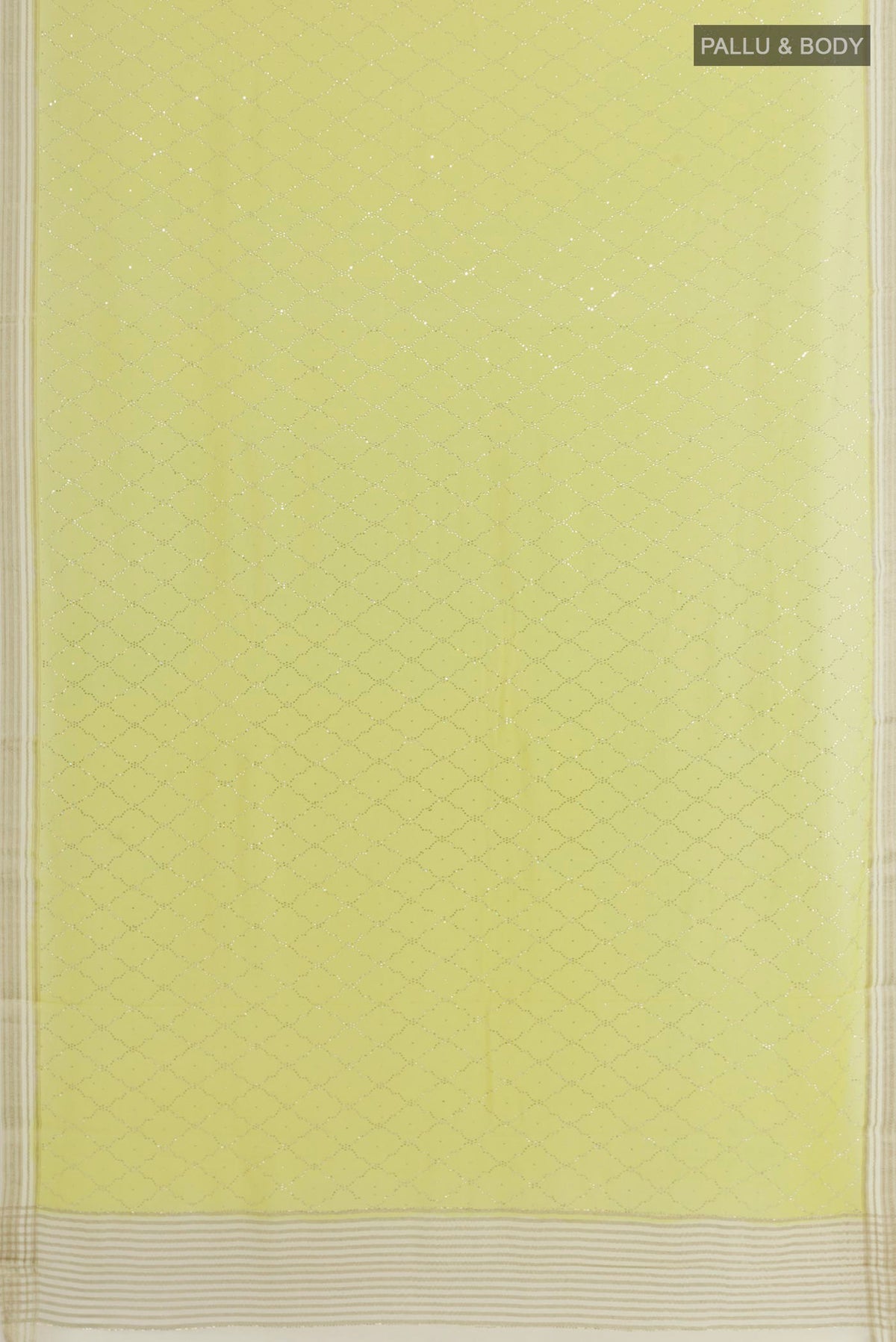 Flat view of Light Green Mysore Chiffon Saree with Embroidery on the body and Zari Border. 