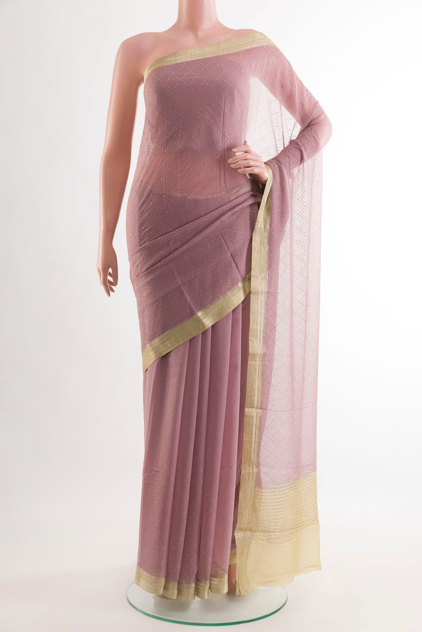 Lavender Mysore Chiffon Saree with Embroidery on the body and Zari Border.  displayed on a mannequin