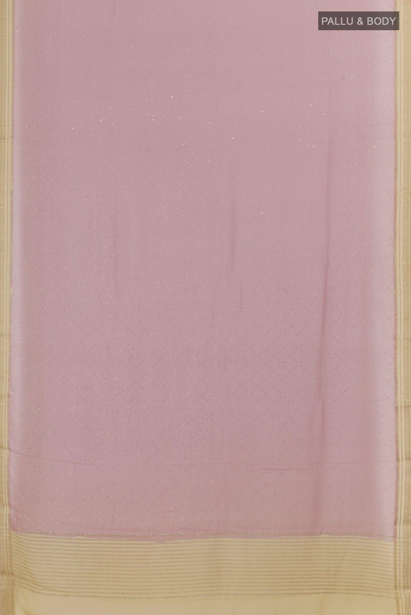 Flat view of Lavender Mysore Chiffon Saree with Embroidery on the body and Zari Border. 