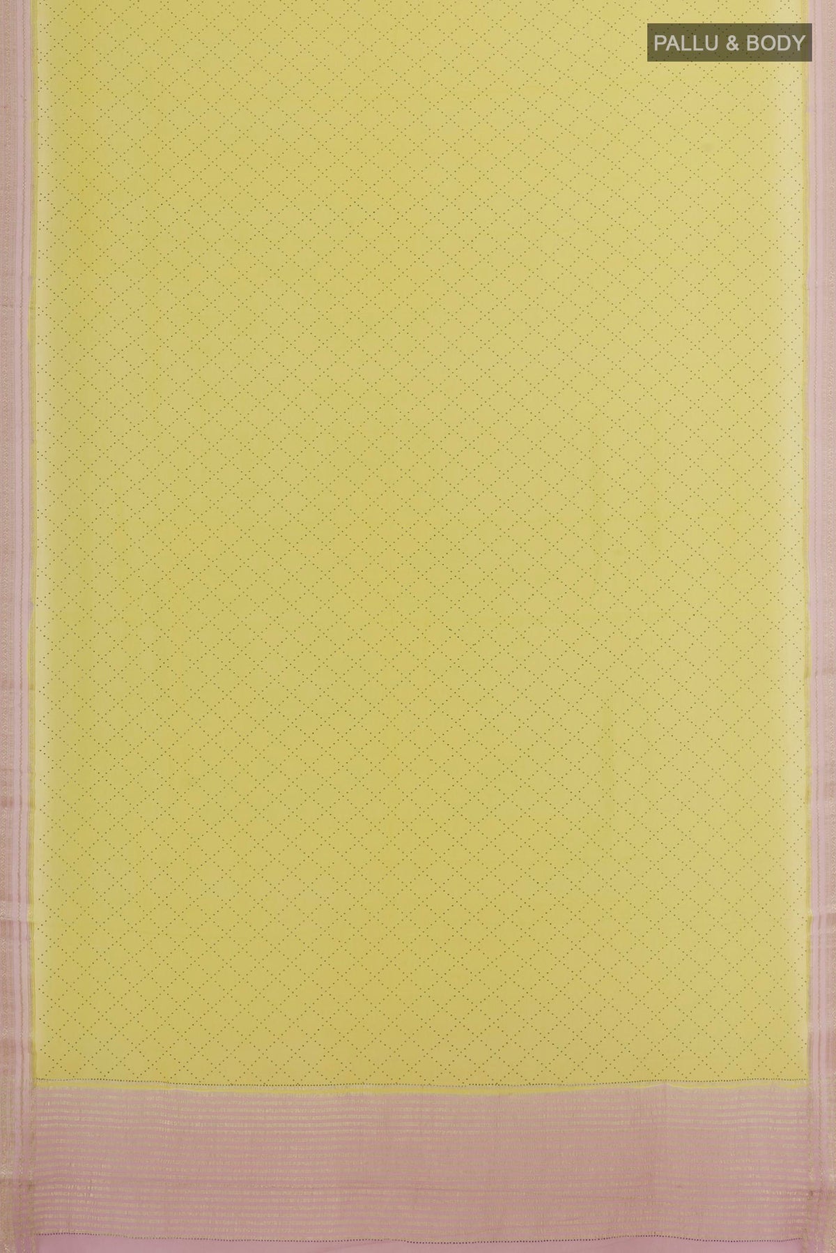 Flat view of Lemon Yellow Mysore Chiffon Saree with Embroidery on the body and Zari Border. 