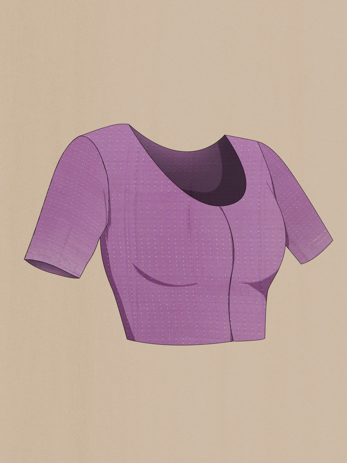 Close up image of the blouse of Lavender Mysore Chiffon Saree with Embroidery on the body and Zari Border. 