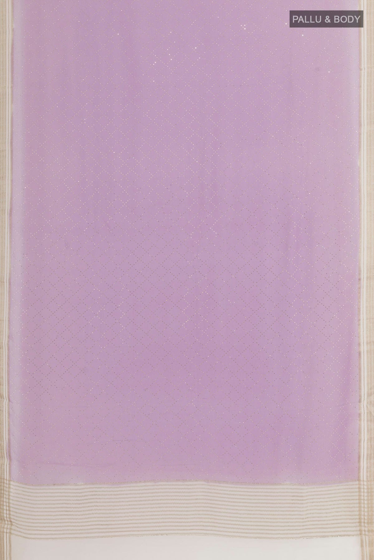 Flat view of Lavender Mysore Chiffon Saree with Embroidery on the body and Zari Border. 