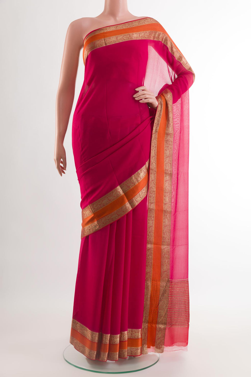 Pink Chiffon Saree with Plain Body and Plain Border.  displayed on a mannequin