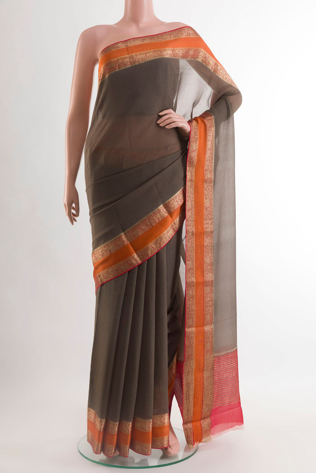 Grey Mysore Chiffon Saree with Plain Body and Zari Border.  displayed on a mannequin
