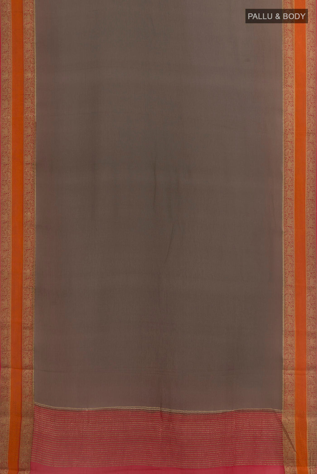Flat view of Grey Mysore Chiffon Saree with Plain Body and Zari Border. 