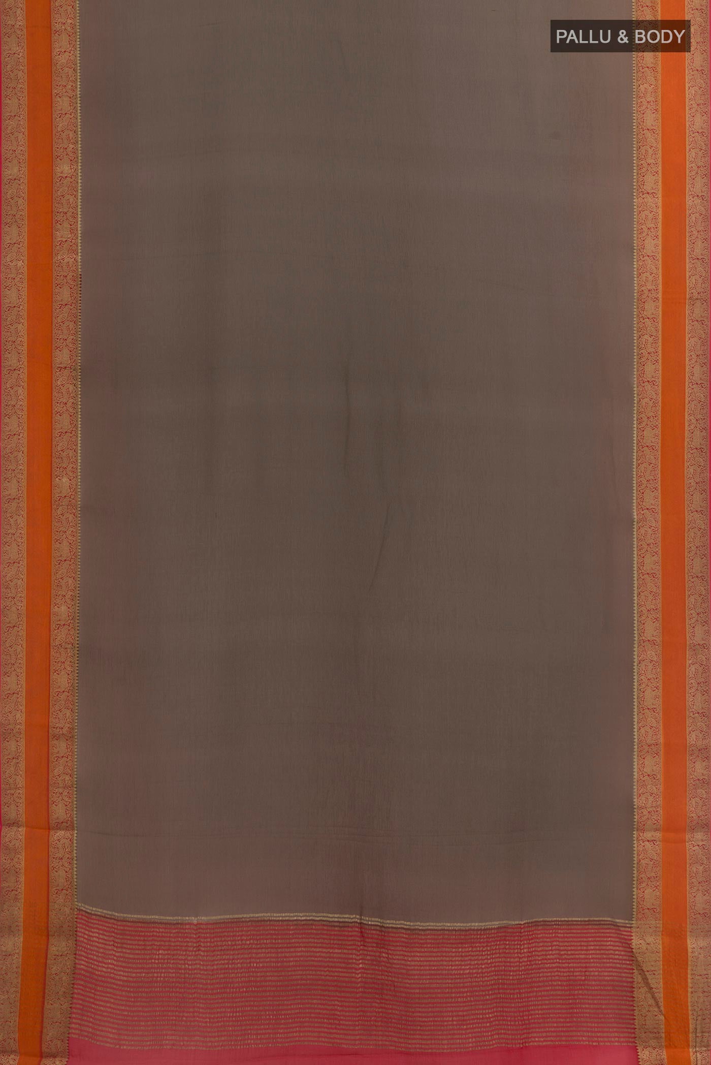 Flat view of Grey Mysore Chiffon Saree with Plain Body and Zari Border. 