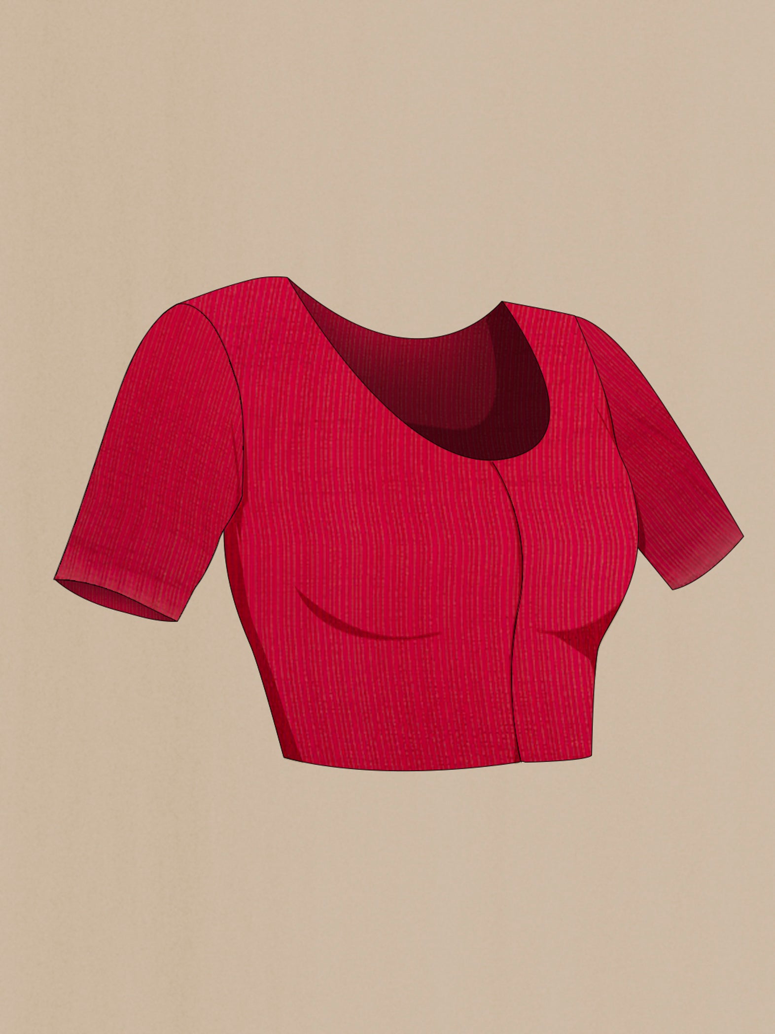 Close up image of the blouse of Red Mysore Chiffon Saree with Plain Body and Zari Border. 