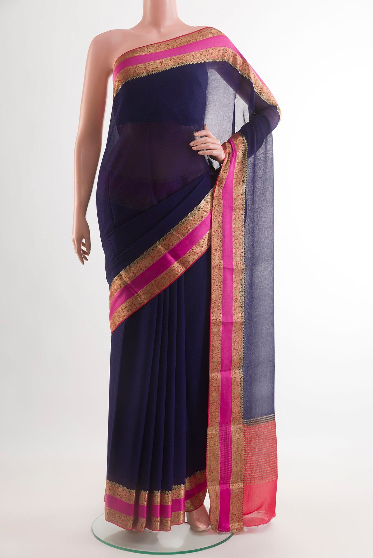 Dark Blue Mysore Chiffon Saree with Plain Body and Zari Border.  displayed on a mannequin