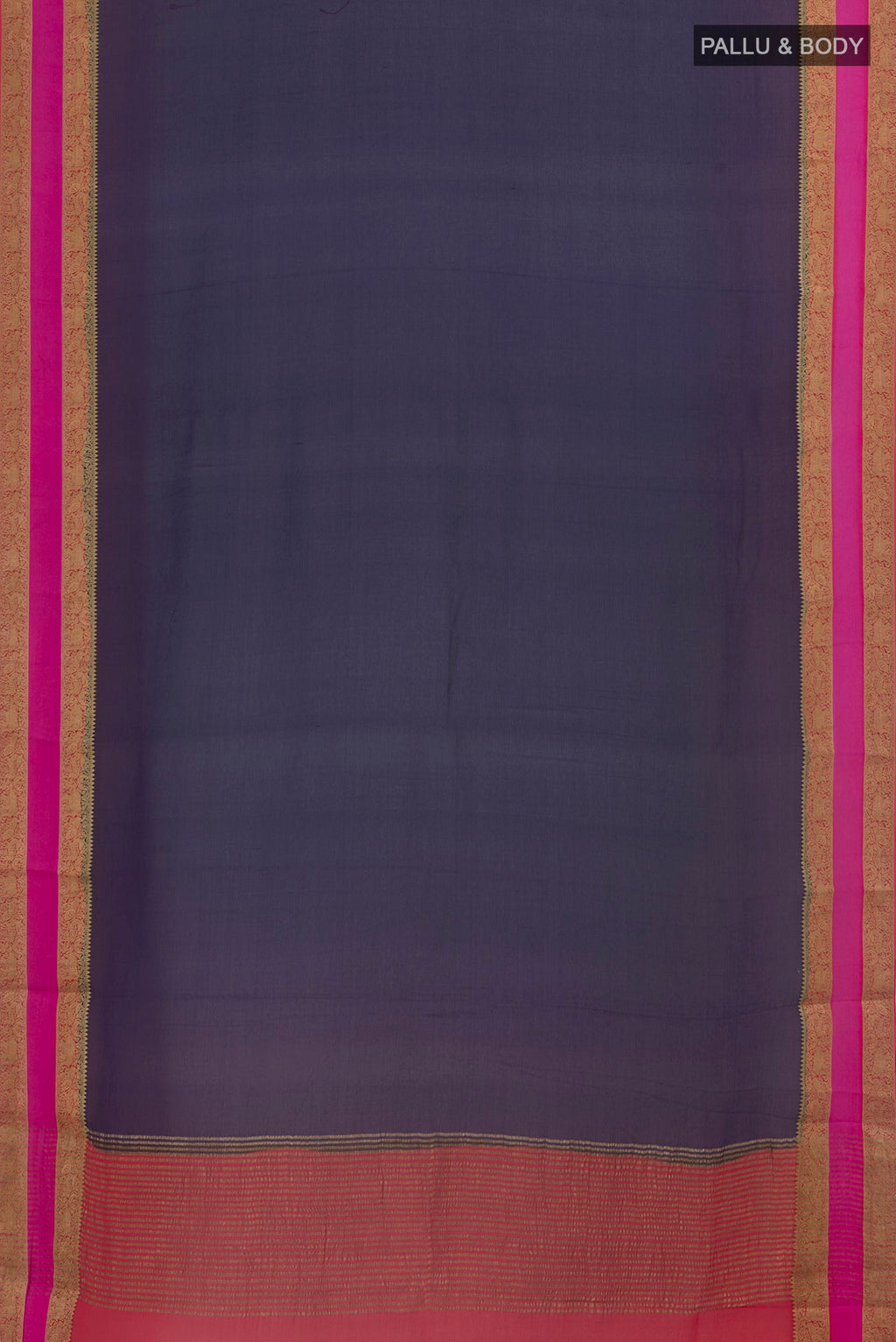 Flat view of Dark Blue Mysore Chiffon Saree with Plain Body and Zari Border. 