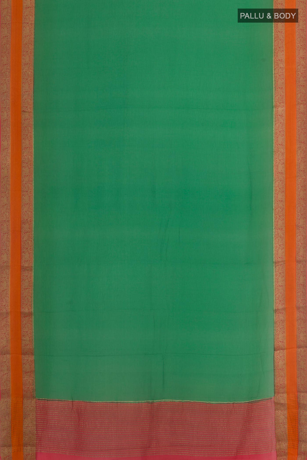 Flat view of Green Chiffon Saree with Plain Body and Plain Border. 