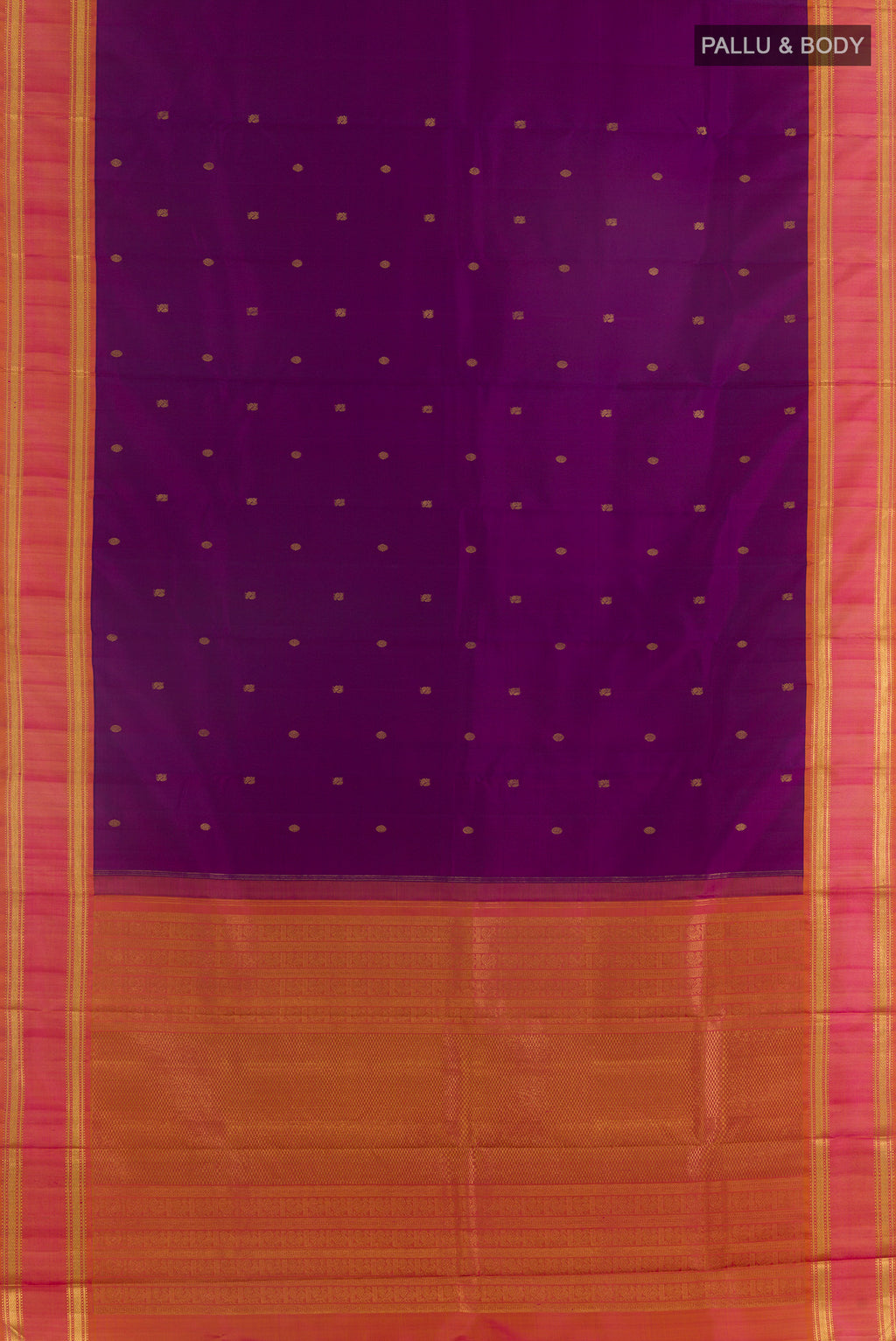 Flat view of Pure Silk Purple Kanjivaram Saree with Zari Butta on the body and Zari Border. 