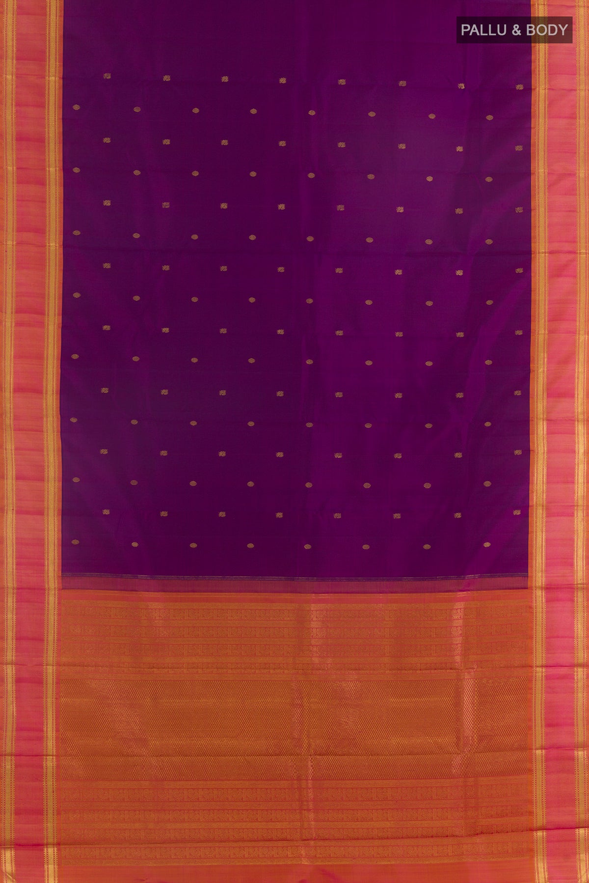 Flat view of Pure Silk Purple Kanjivaram Saree with Zari Butta on the body and Zari Border. 