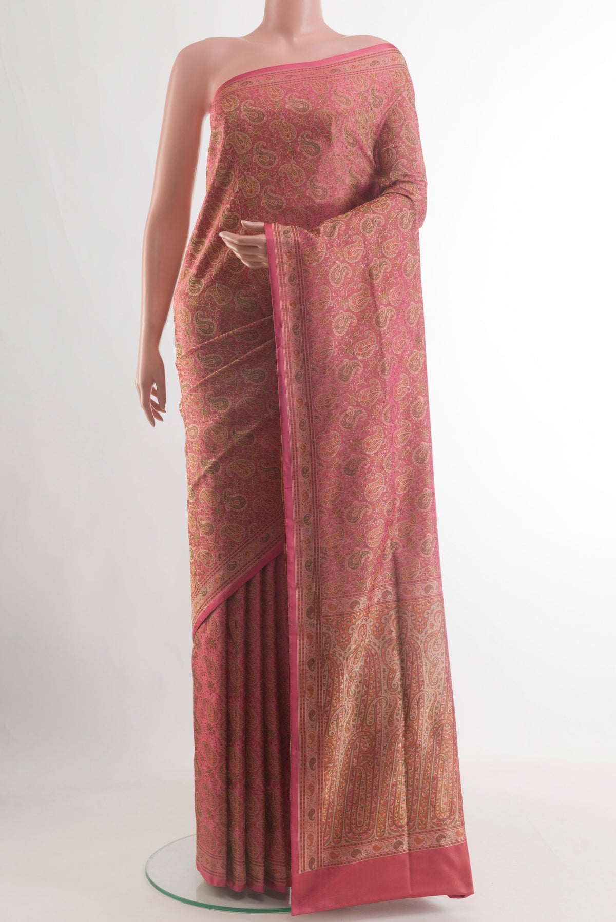 Peach Banarasi Tanchoi Silk Saree with Jacquard design on the body and Thread Border.  displayed on a mannequin