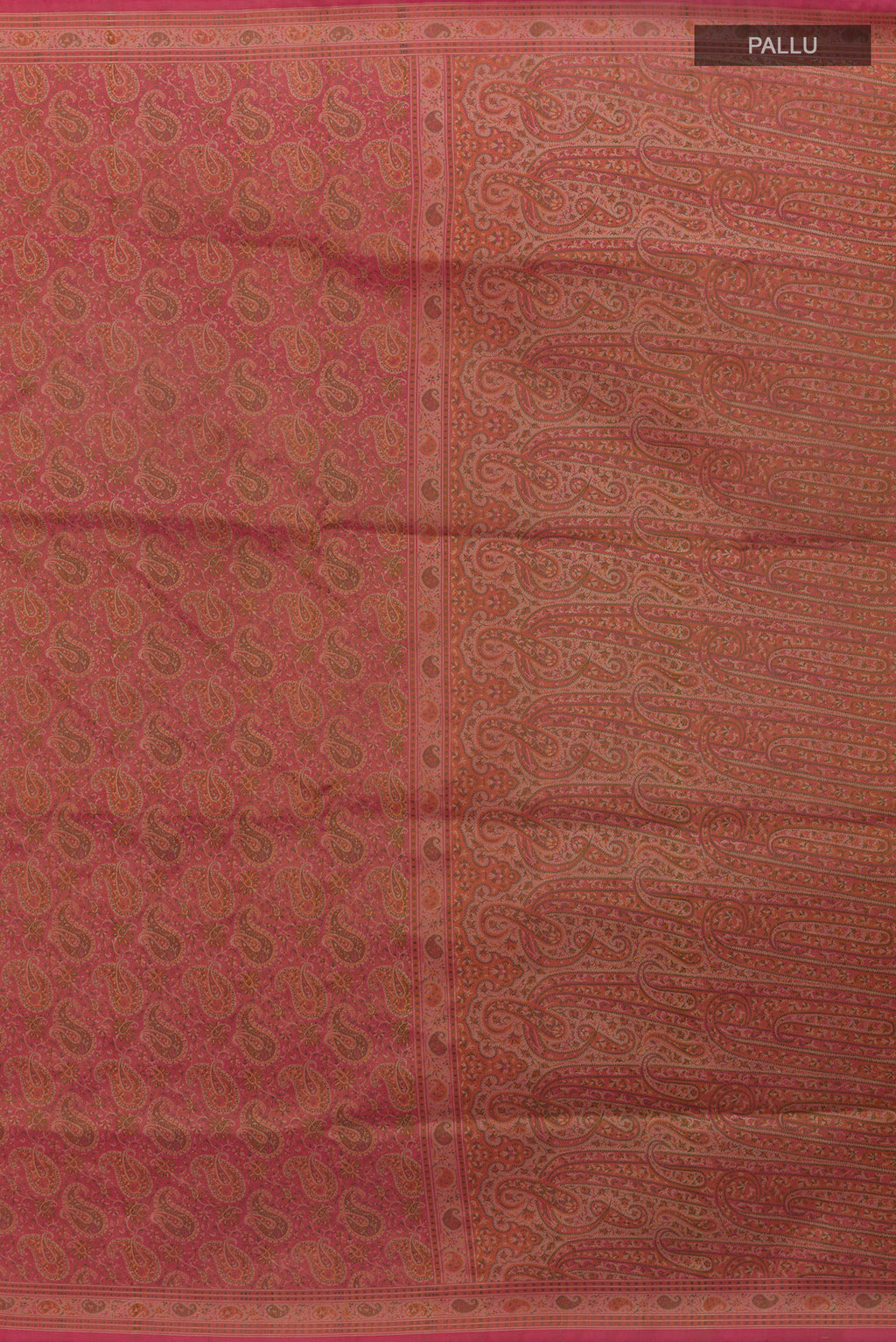 Close up image of the pallu of Peach Banarasi Tanchoi Silk Saree with Jacquard design on the body and Thread Border. 