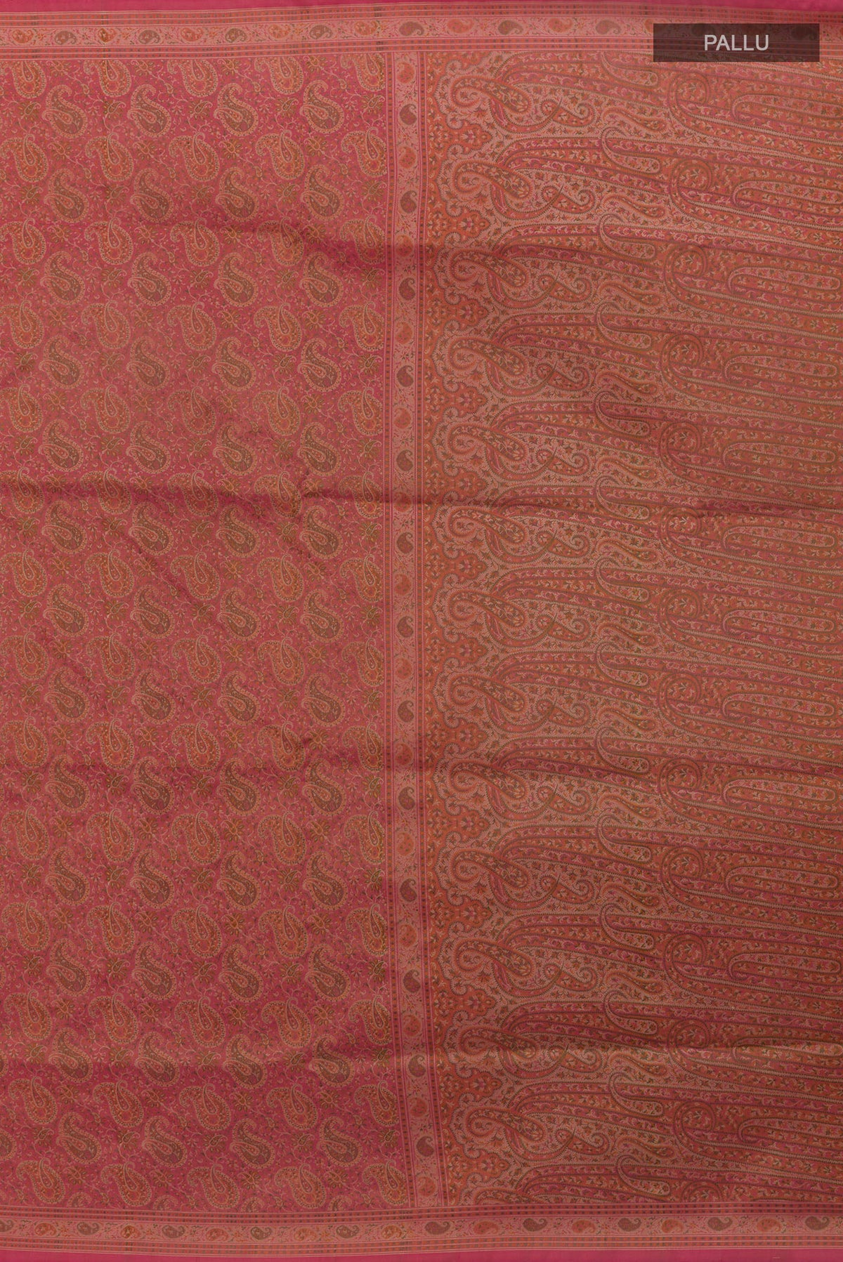 Close up image of the pallu of Peach Banarasi Tanchoi Silk Saree with Jacquard design on the body and Thread Border. 