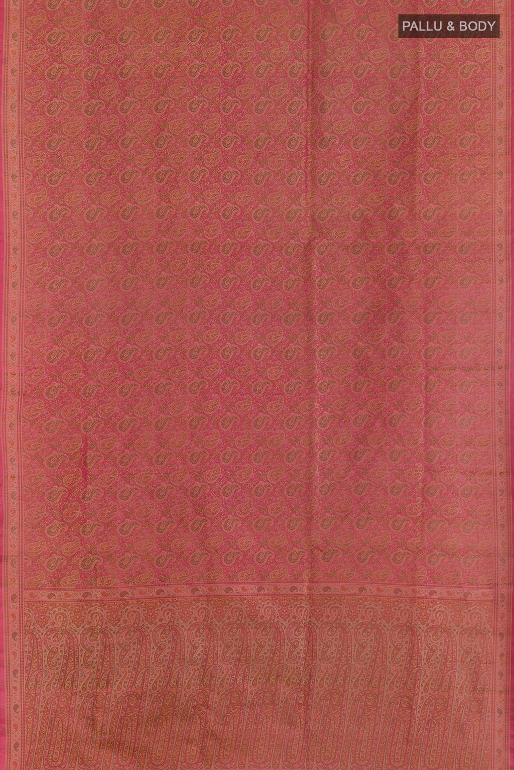 Flat view of Peach Banarasi Tanchoi Silk Saree with Jacquard design on the body and Thread Border. 