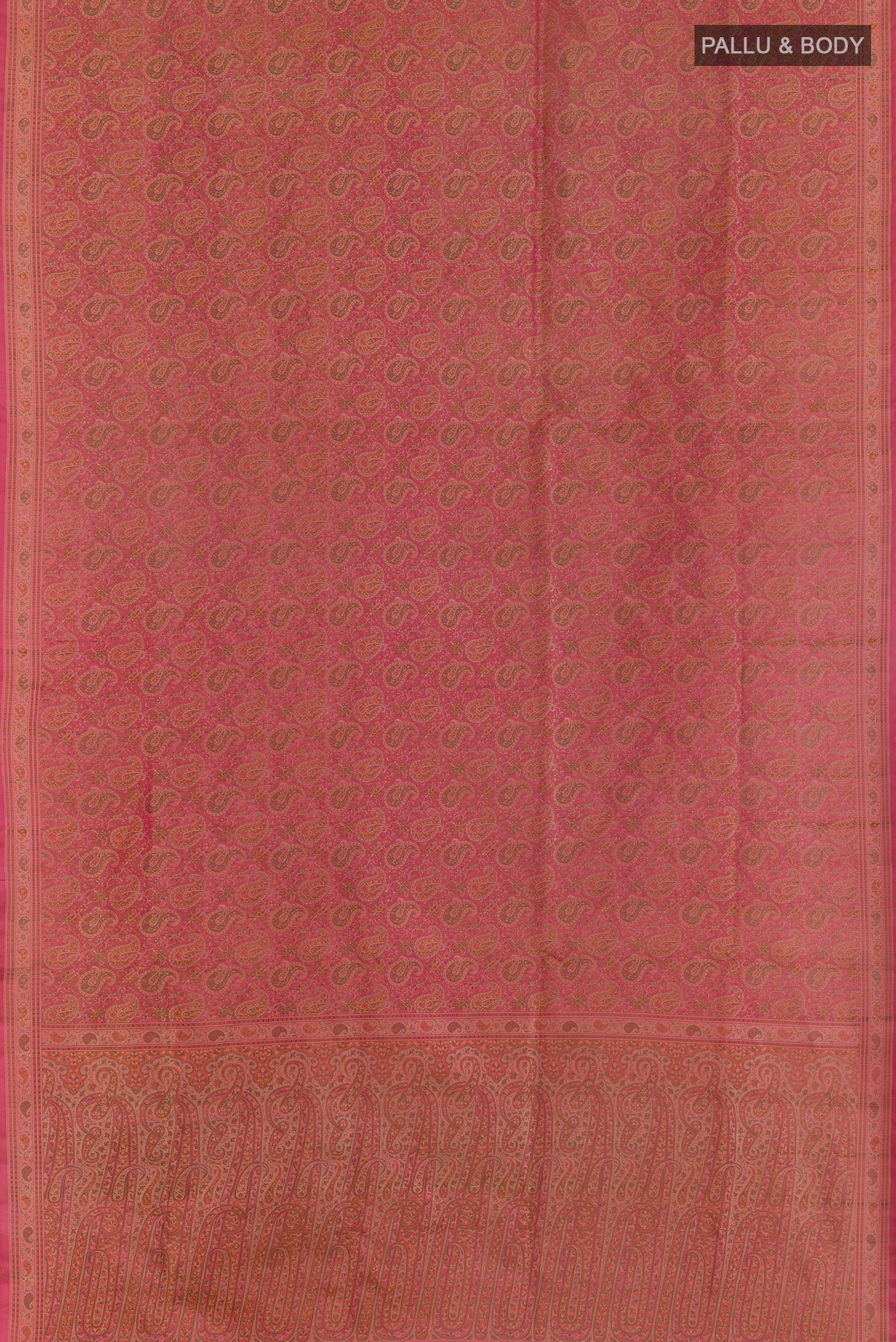 Flat view of Peach Banarasi Tanchoi Silk Saree with Jacquard design on the body and Thread Border. 